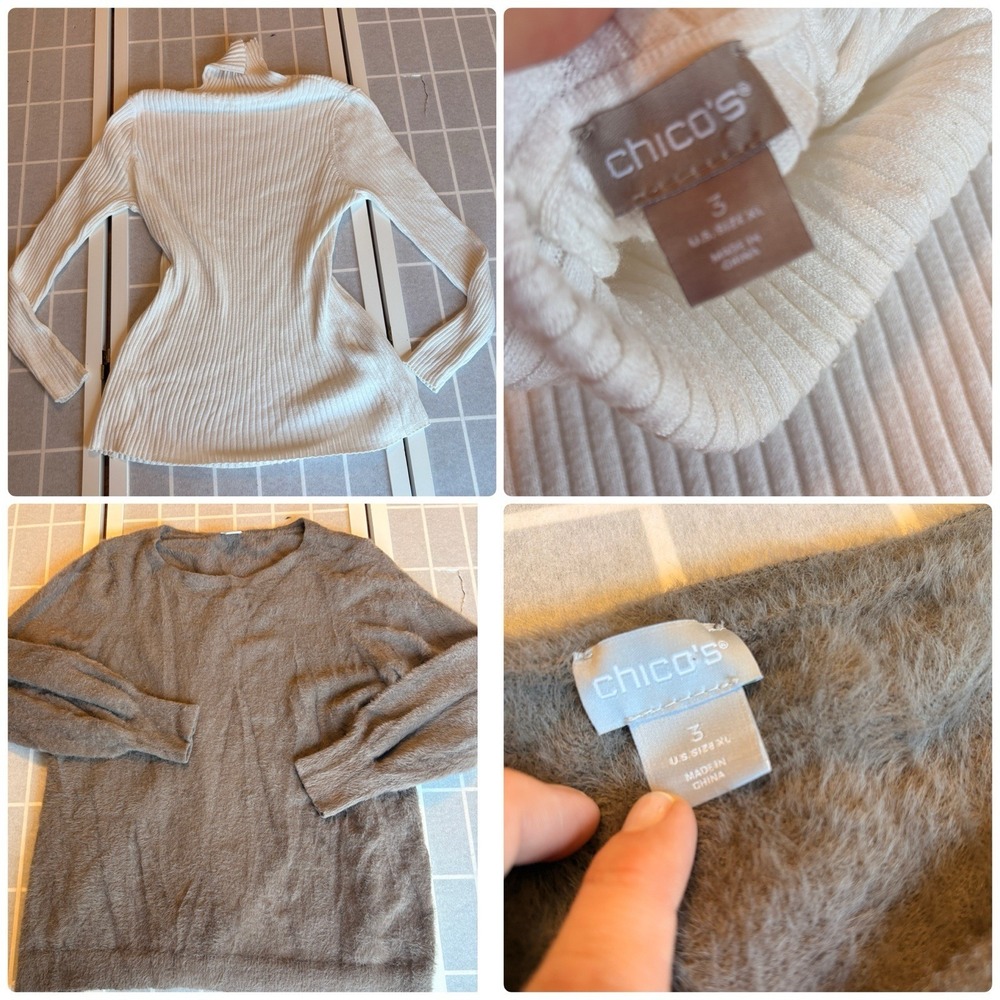 2 Chicos Sz3 Sweaters Ribbed Turtle Neck‎ Heavy Knit Lagenlook Minimalist Casual